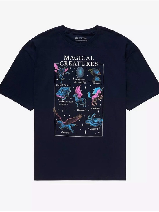 Wizarding World Of Harry Potter Tops - Harry Potter Magical Creatures Graphic Tee - Navy with Pink & Teal Artwork sz M